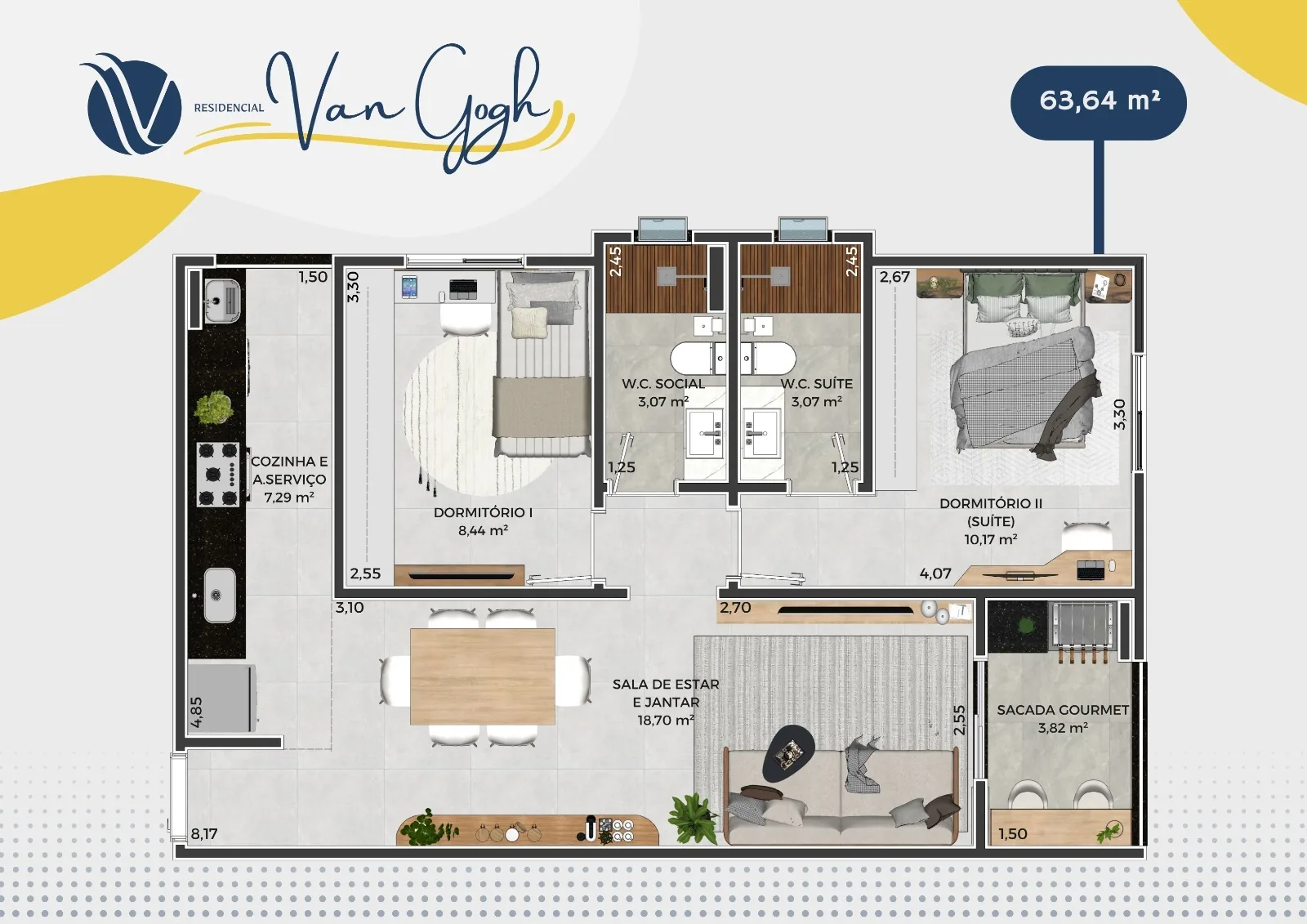 Planta humanizada da cobertura duplex de 120,81 m²