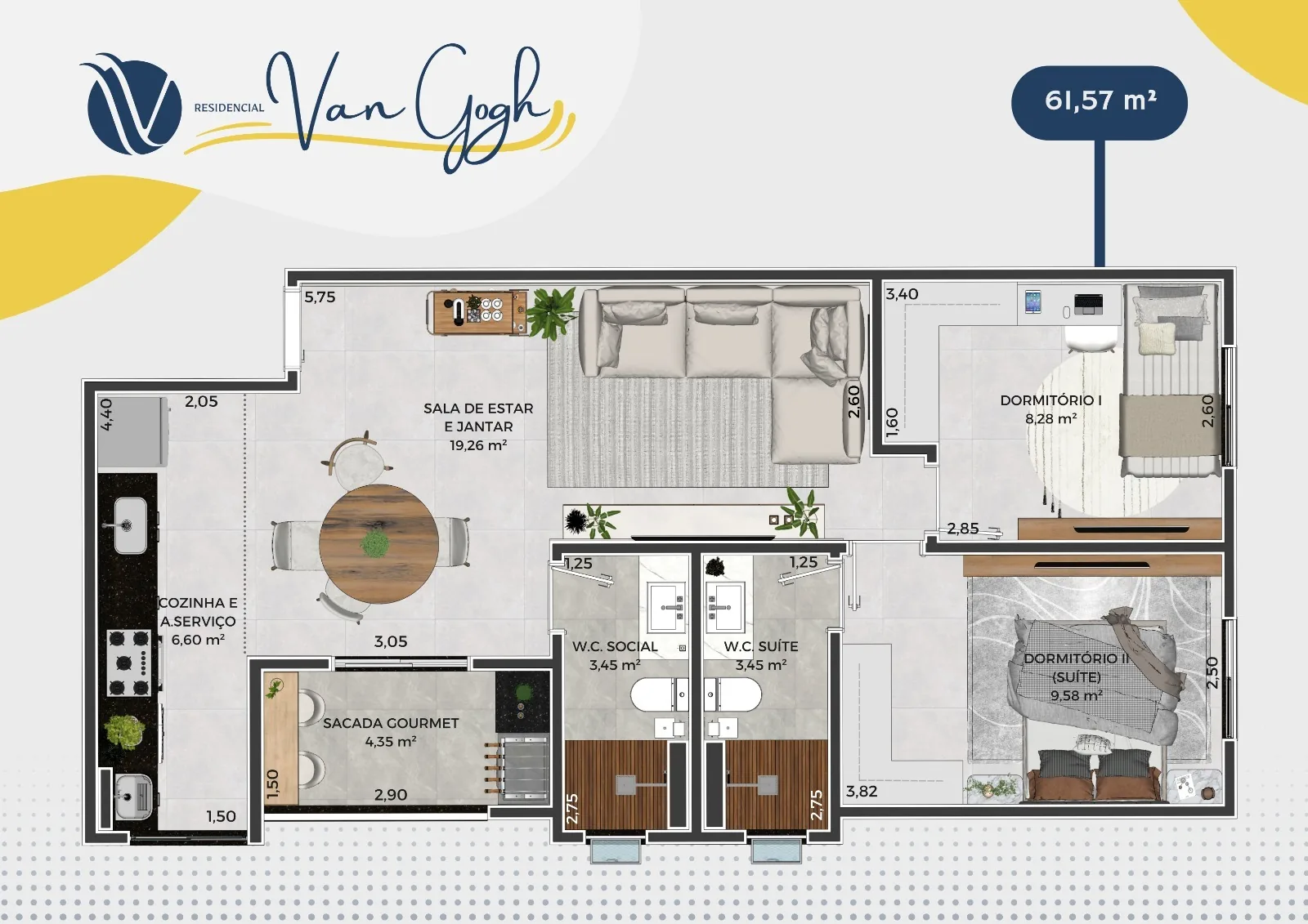 Planta humanizada do apartamento tipo de 61,57 m²